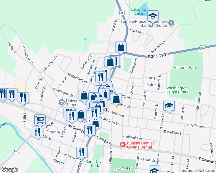 map of restaurants, bars, coffee shops, grocery stores, and more near 315 North 2nd Street in Pulaski