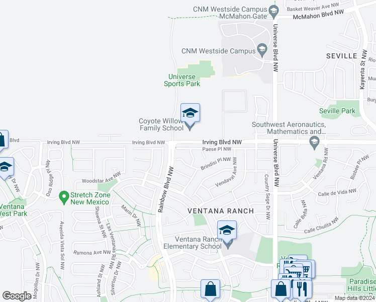 map of restaurants, bars, coffee shops, grocery stores, and more near 7100 Paese Place Northwest in Albuquerque