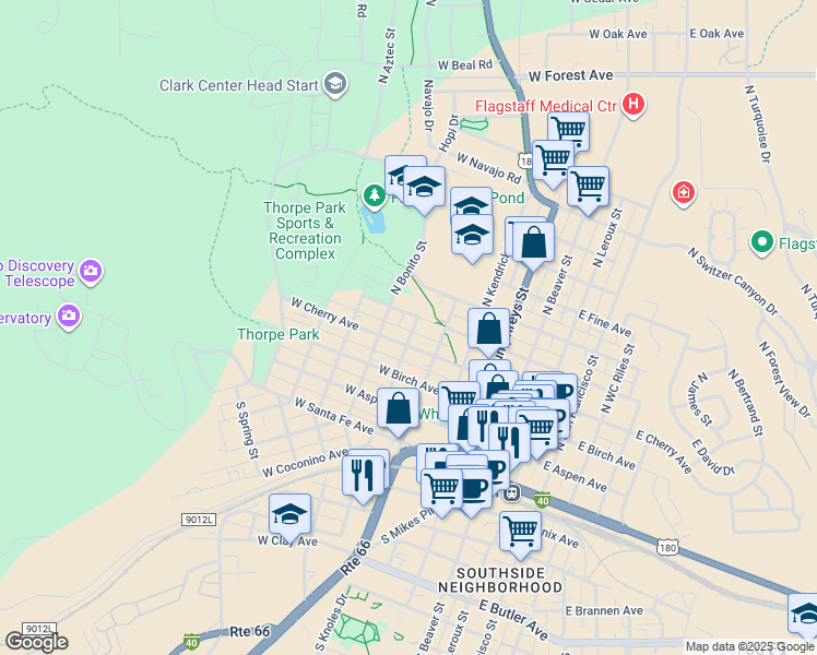 map of restaurants, bars, coffee shops, grocery stores, and more near 319 North Park Street in Flagstaff