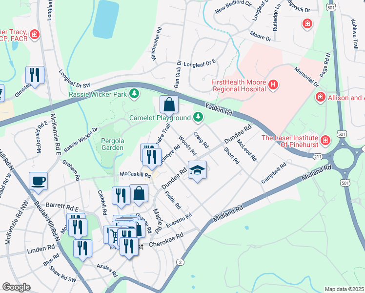 map of restaurants, bars, coffee shops, grocery stores, and more near 120 Woods Road in Pinehurst