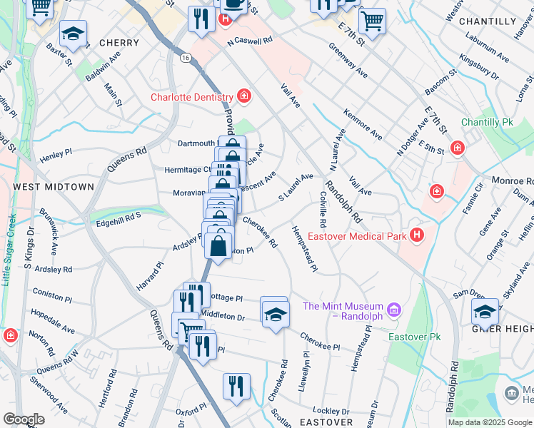 map of restaurants, bars, coffee shops, grocery stores, and more near 165 Cherokee Road in Charlotte