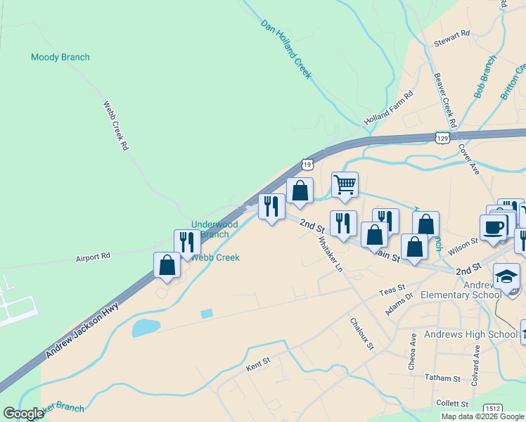 map of restaurants, bars, coffee shops, grocery stores, and more near 114 Main Street in Andrews