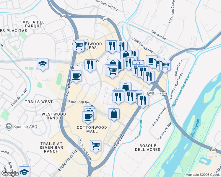 map of restaurants, bars, coffee shops, grocery stores, and more near 3600 Old Airport Road Northwest in Albuquerque