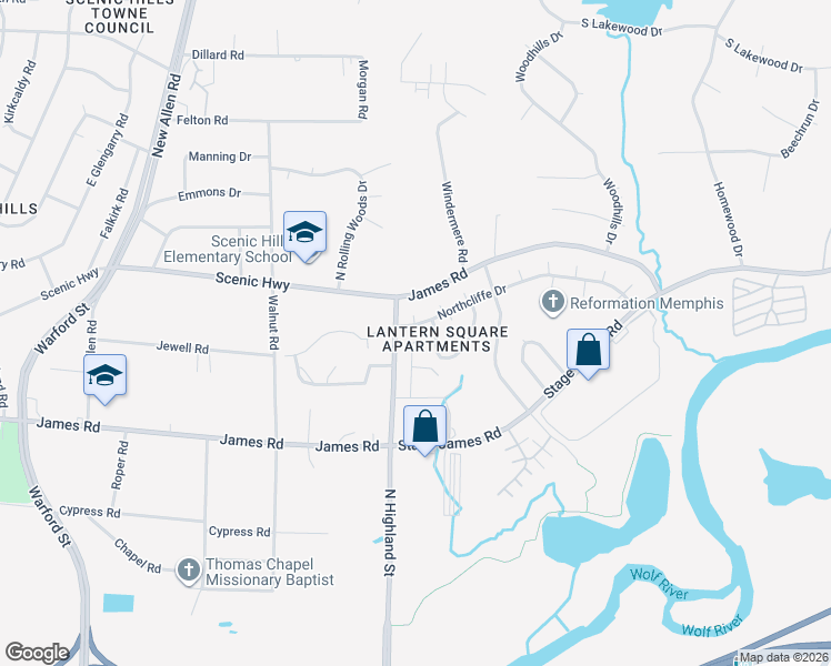 map of restaurants, bars, coffee shops, grocery stores, and more near 3635 Haughton Lane in Memphis