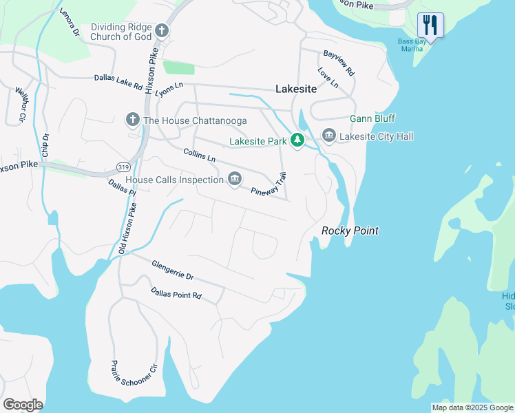 map of restaurants, bars, coffee shops, grocery stores, and more near 2318 Chimney Hills Drive in Soddy-Daisy