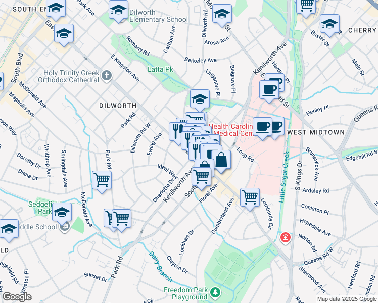 map of restaurants, bars, coffee shops, grocery stores, and more near 1227 East West T Harris Boulevard in Charlotte