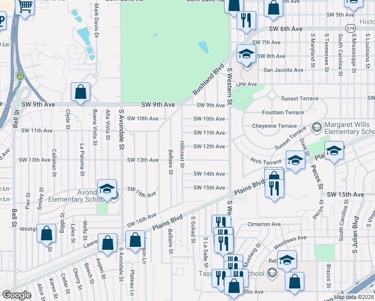 map of restaurants, bars, coffee shops, grocery stores, and more near 4247 Southwest 13th Avenue in Amarillo