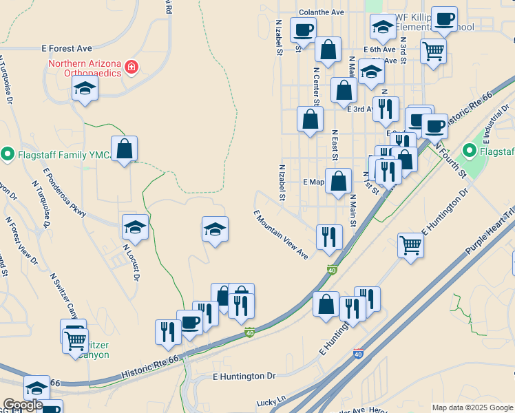 map of restaurants, bars, coffee shops, grocery stores, and more near 1641 East Mountain View Avenue in Flagstaff