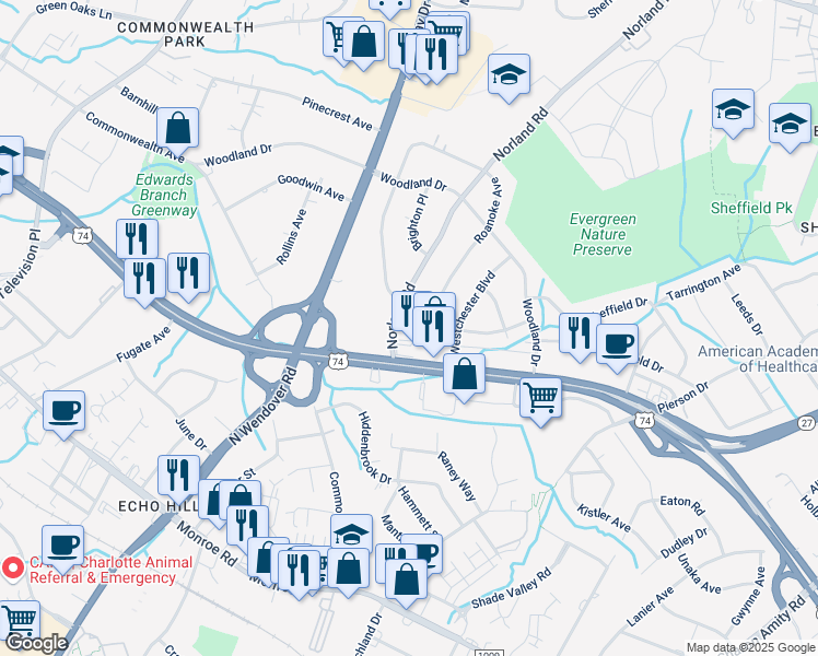 map of restaurants, bars, coffee shops, grocery stores, and more near 3529 U.S. 74 in Charlotte