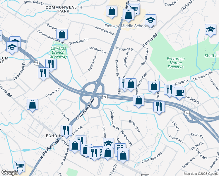 map of restaurants, bars, coffee shops, grocery stores, and more near 3501 Andrew Jackson Highway in Charlotte