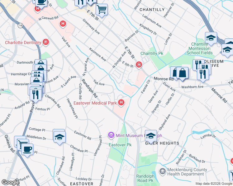 map of restaurants, bars, coffee shops, grocery stores, and more near 221 Crownsgate Court in Charlotte
