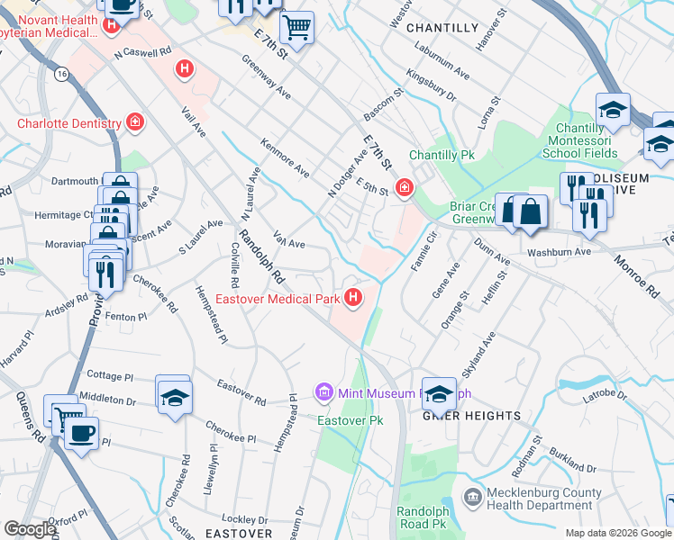 map of restaurants, bars, coffee shops, grocery stores, and more near 221 Crownsgate Court in Charlotte