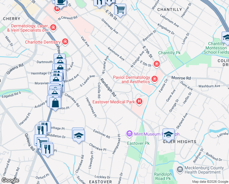 map of restaurants, bars, coffee shops, grocery stores, and more near in Charlotte