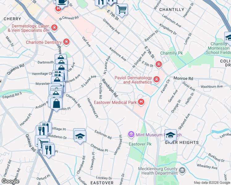 map of restaurants, bars, coffee shops, grocery stores, and more near 2511 Montrose Court in Charlotte