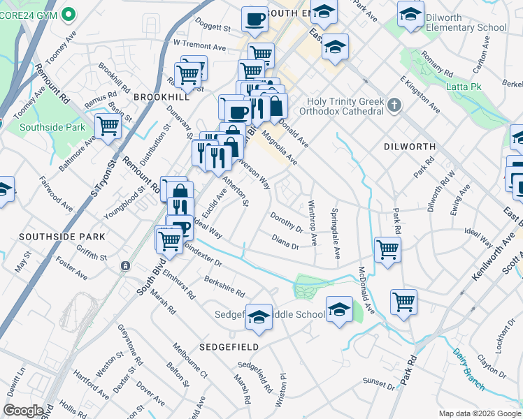 map of restaurants, bars, coffee shops, grocery stores, and more near 513 Iverson Way in Charlotte