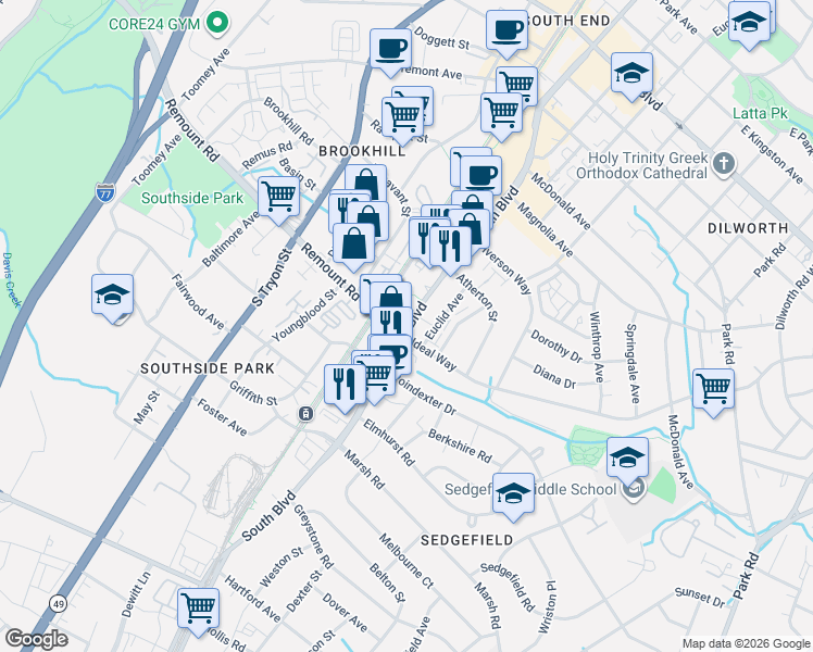 map of restaurants, bars, coffee shops, grocery stores, and more near 2601 South Boulevard in Charlotte