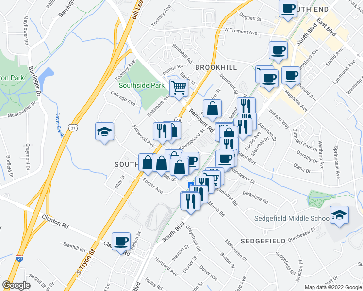 map of restaurants, bars, coffee shops, grocery stores, and more near 124 Fairwood Avenue in Charlotte