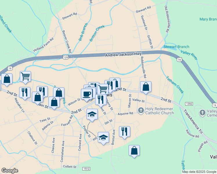 map of restaurants, bars, coffee shops, grocery stores, and more near 1158 Main Street in Andrews