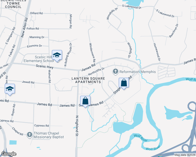 map of restaurants, bars, coffee shops, grocery stores, and more near 3643 Haughton Lane in Memphis
