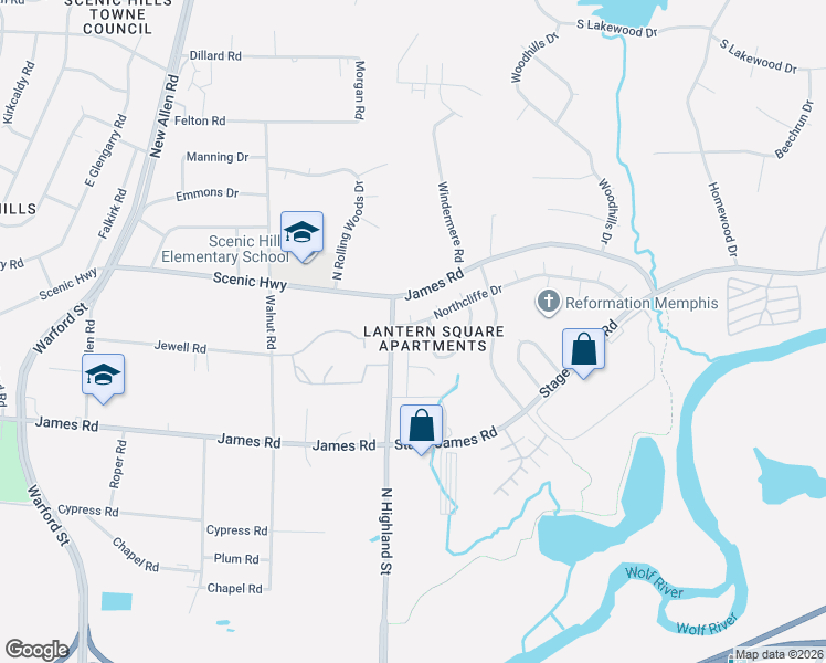 map of restaurants, bars, coffee shops, grocery stores, and more near 3635 Haughton Lane in Memphis