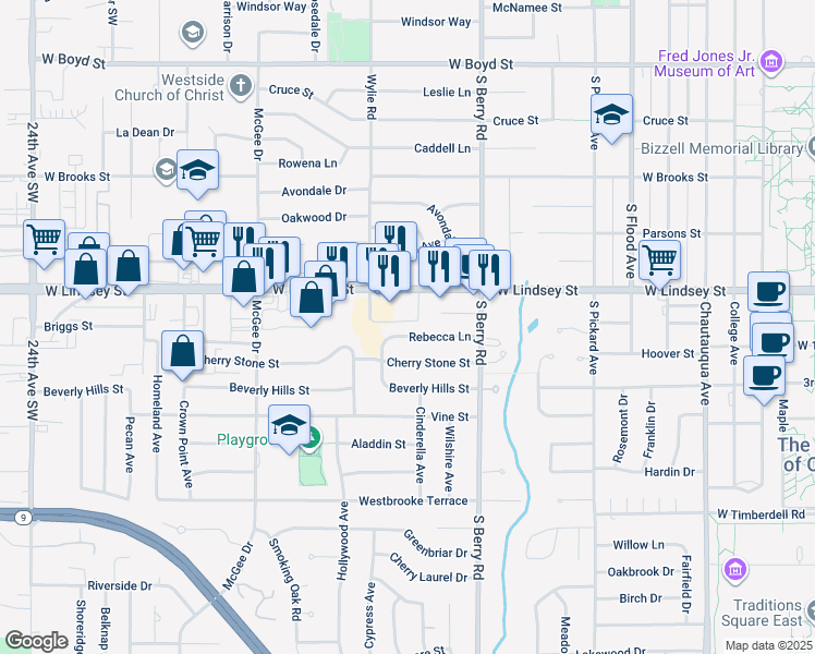 map of restaurants, bars, coffee shops, grocery stores, and more near 1420 Rebecca Lane in Norman