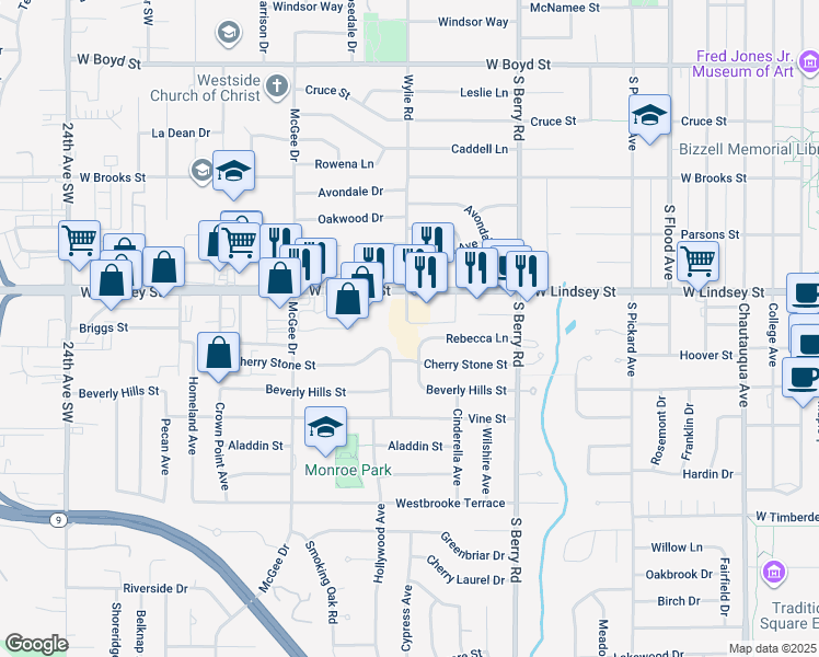 map of restaurants, bars, coffee shops, grocery stores, and more near 1505 Cherry Stone Street in Norman