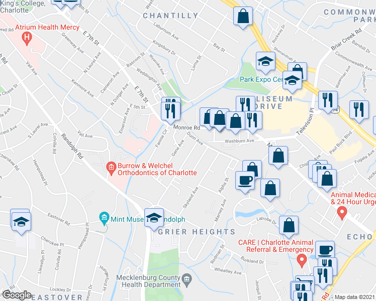 map of restaurants, bars, coffee shops, grocery stores, and more near 405 Orange Street in Charlotte