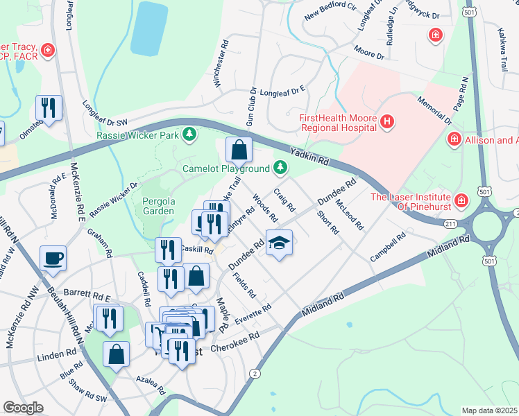 map of restaurants, bars, coffee shops, grocery stores, and more near 120 Woods Road in Pinehurst