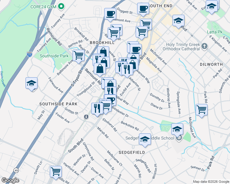 map of restaurants, bars, coffee shops, grocery stores, and more near 2601 South Boulevard in Charlotte