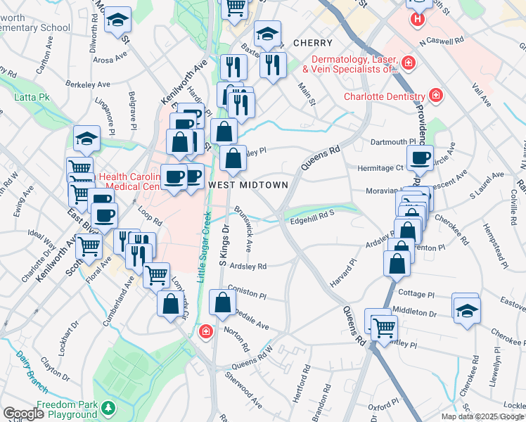 map of restaurants, bars, coffee shops, grocery stores, and more near 1010 Edgehill Road North in Charlotte