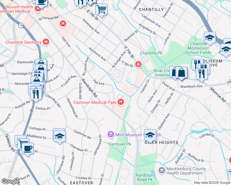 map of restaurants, bars, coffee shops, grocery stores, and more near 221 Crownsgate Court in Charlotte