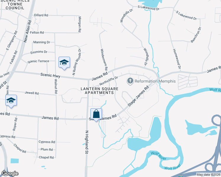 map of restaurants, bars, coffee shops, grocery stores, and more near 3643 Haughton Lane in Memphis