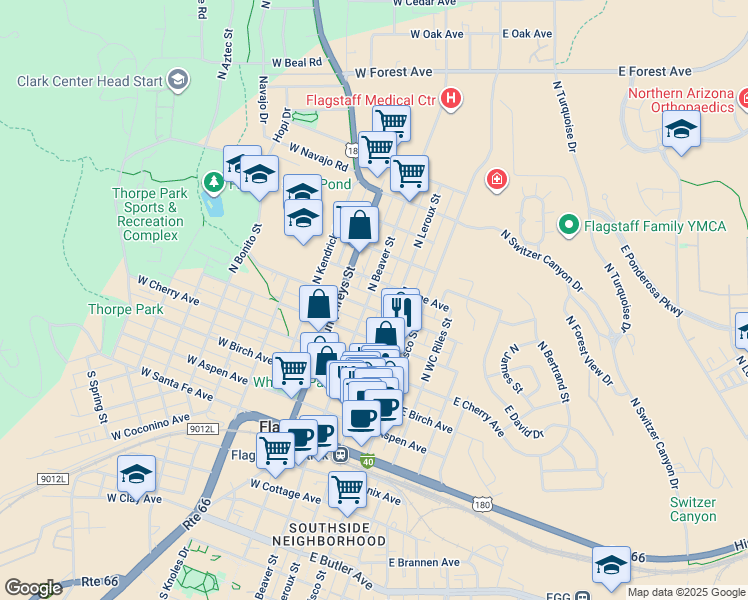 map of restaurants, bars, coffee shops, grocery stores, and more near 506 North Beaver Street in Flagstaff