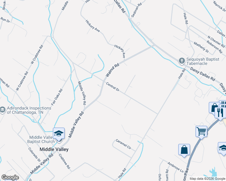 map of restaurants, bars, coffee shops, grocery stores, and more near 1109 Central Drive in Middle Valley