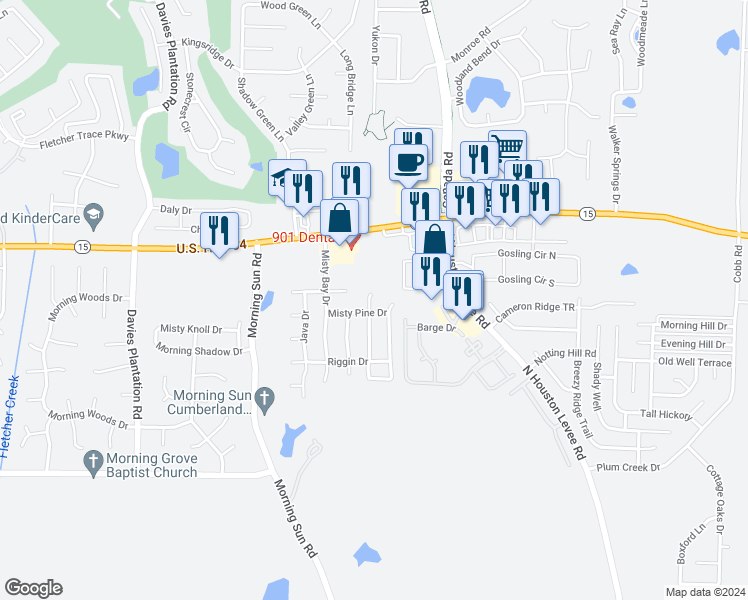 map of restaurants, bars, coffee shops, grocery stores, and more near 2832 Misty Briar Cove in Arlington