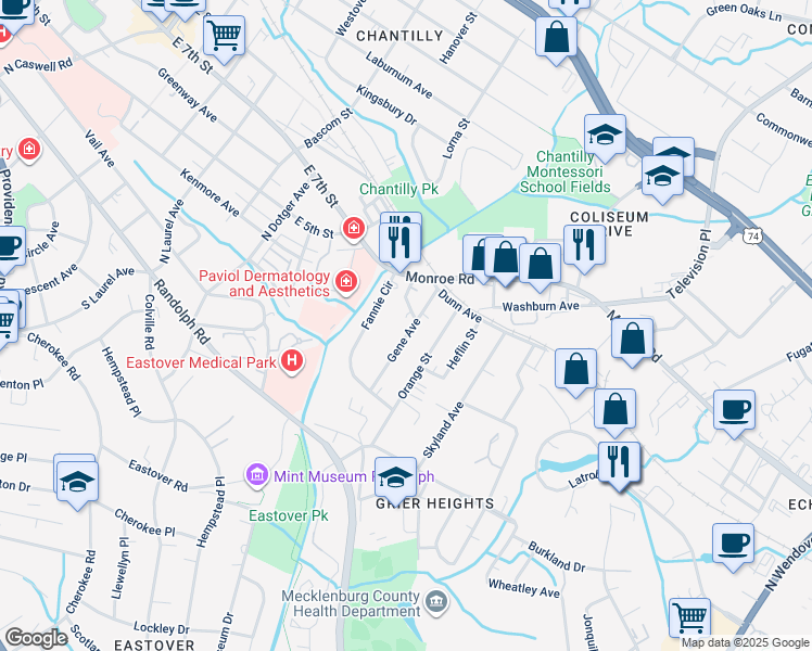 map of restaurants, bars, coffee shops, grocery stores, and more near 325 Gene Avenue in Charlotte