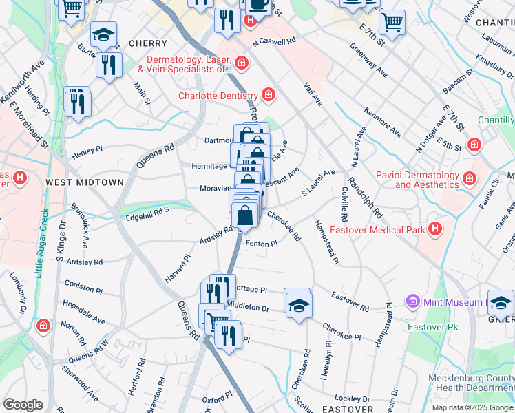 map of restaurants, bars, coffee shops, grocery stores, and more near 507 Providence Road in Charlotte