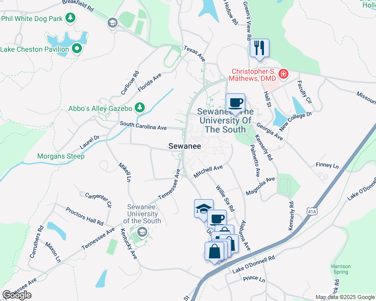 map of restaurants, bars, coffee shops, grocery stores, and more near 735 University Avenue in Sewanee