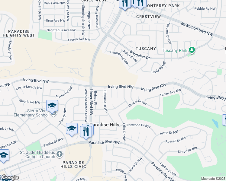 map of restaurants, bars, coffee shops, grocery stores, and more near 10321 Delta Court Northwest in Albuquerque