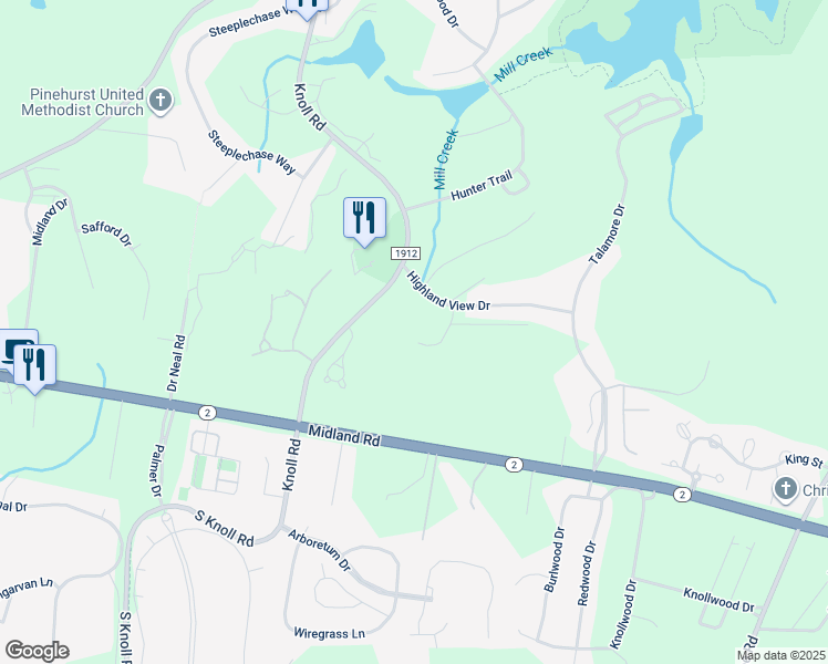 map of restaurants, bars, coffee shops, grocery stores, and more near 20 Glen Devon Drive in Southern Pines