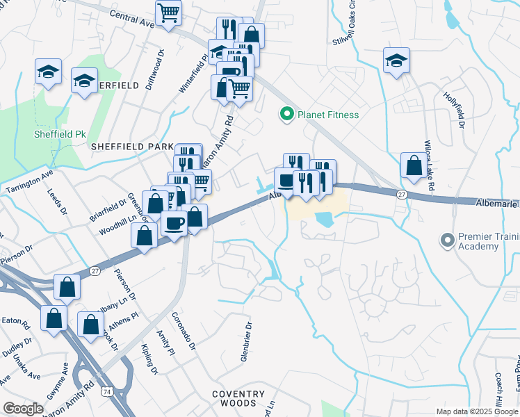 map of restaurants, bars, coffee shops, grocery stores, and more near 5470 Albemarle Road in Charlotte