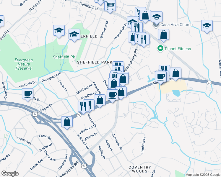 map of restaurants, bars, coffee shops, grocery stores, and more near 3148 Driftwood Drive in Charlotte