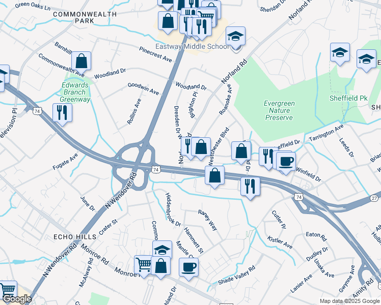 map of restaurants, bars, coffee shops, grocery stores, and more near 949 Norland Road in Charlotte