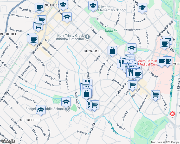 map of restaurants, bars, coffee shops, grocery stores, and more near 1937 Park Road in Charlotte