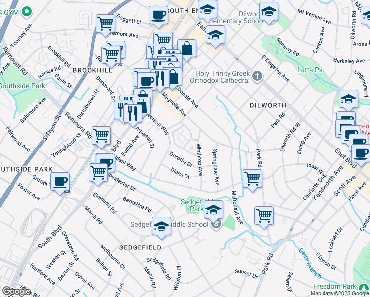 map of restaurants, bars, coffee shops, grocery stores, and more near 424 Mather Green Avenue in Charlotte
