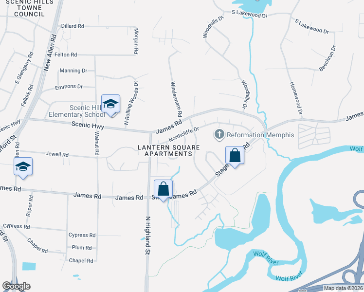 map of restaurants, bars, coffee shops, grocery stores, and more near 36592 Northcliffe Drive in Memphis