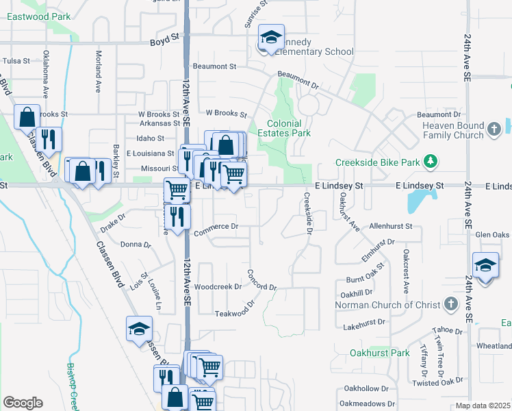 map of restaurants, bars, coffee shops, grocery stores, and more near 1500 East Lindsey Street in Norman