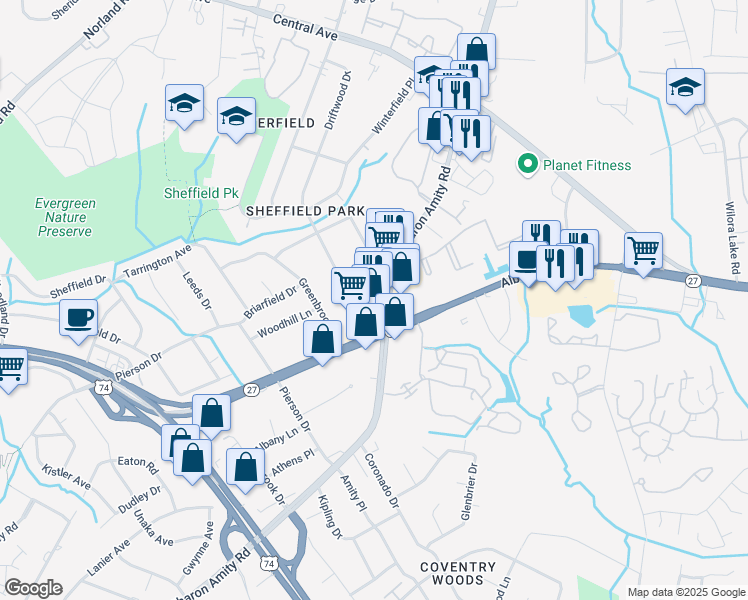 map of restaurants, bars, coffee shops, grocery stores, and more near 3115 North Sharon Amity Road in Charlotte