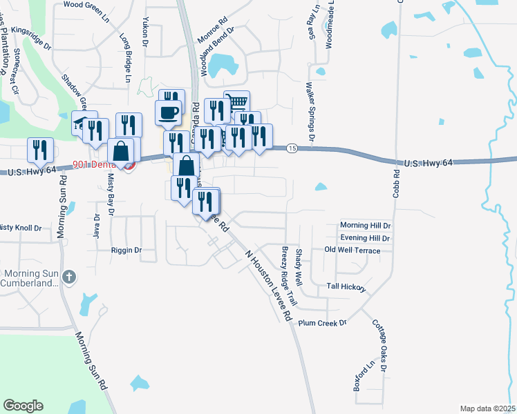 map of restaurants, bars, coffee shops, grocery stores, and more near 10014 Cameron Ridge TR in Memphis