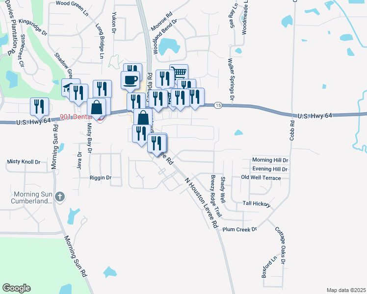 map of restaurants, bars, coffee shops, grocery stores, and more near 2860 Goose Creek Drive in Memphis